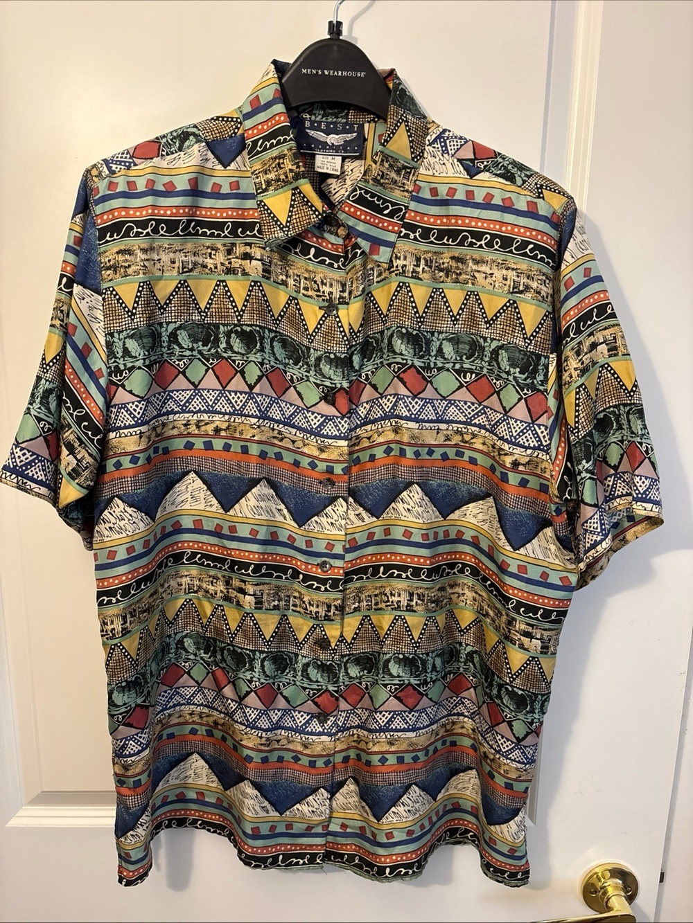 VTG Best American Clothing Co 100% silk blouse women M Aztec shoulder pads 90s
